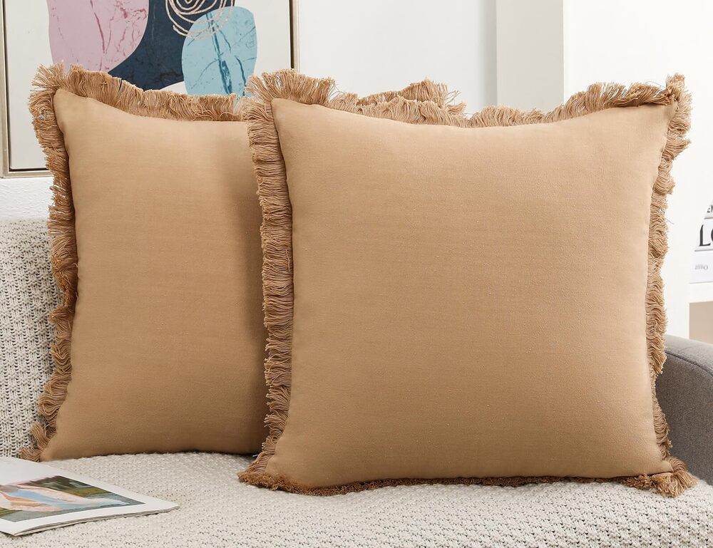 8225 Set of 2 Natural Linen Fringed Throw Pillow Covers,Khaki Neutral